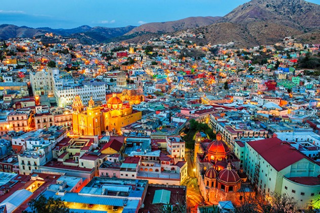 Guanajuato, Mexico at dusk from a nearby hill.