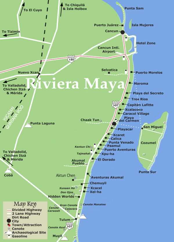 mapa cenotes en la riviera maya
